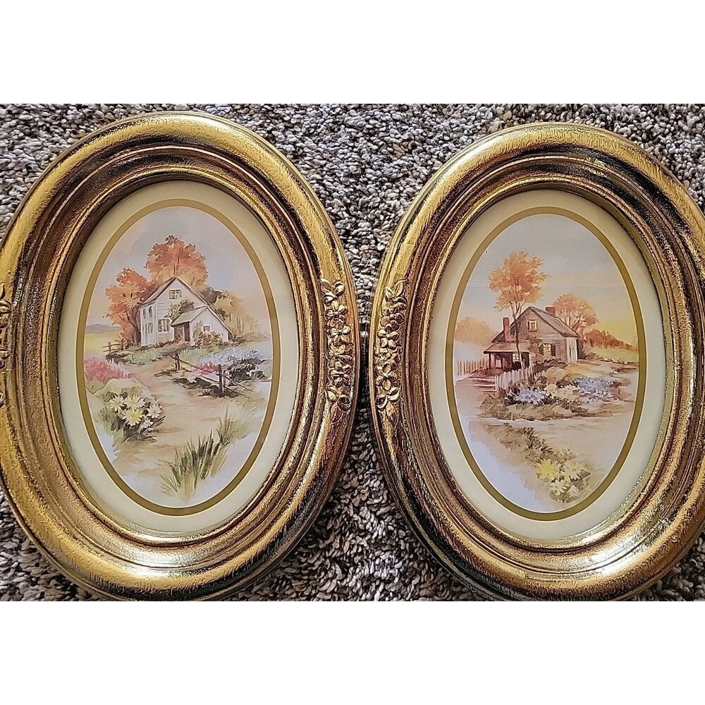 Set 2 Vintage Homco Gold Oval Framed Wall Prints Cottages Cottage Core 1980's